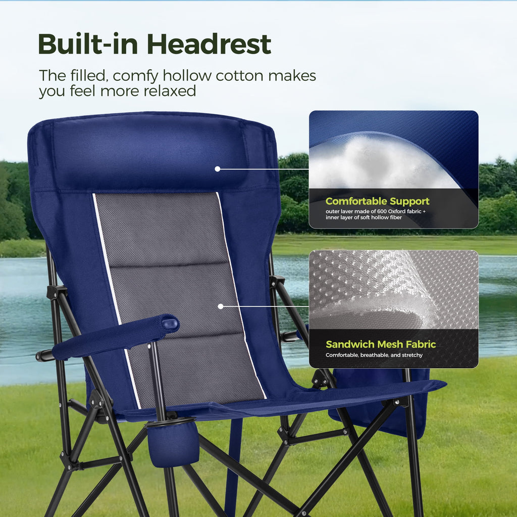 2-Pack Oversized Camping Chair Heavy Duty High Back Camping Chairs 500Lbs Capacity Folding Lawn Chairs with Cup Holder, Portable for Outdoor, Beach and Picnic, Blue