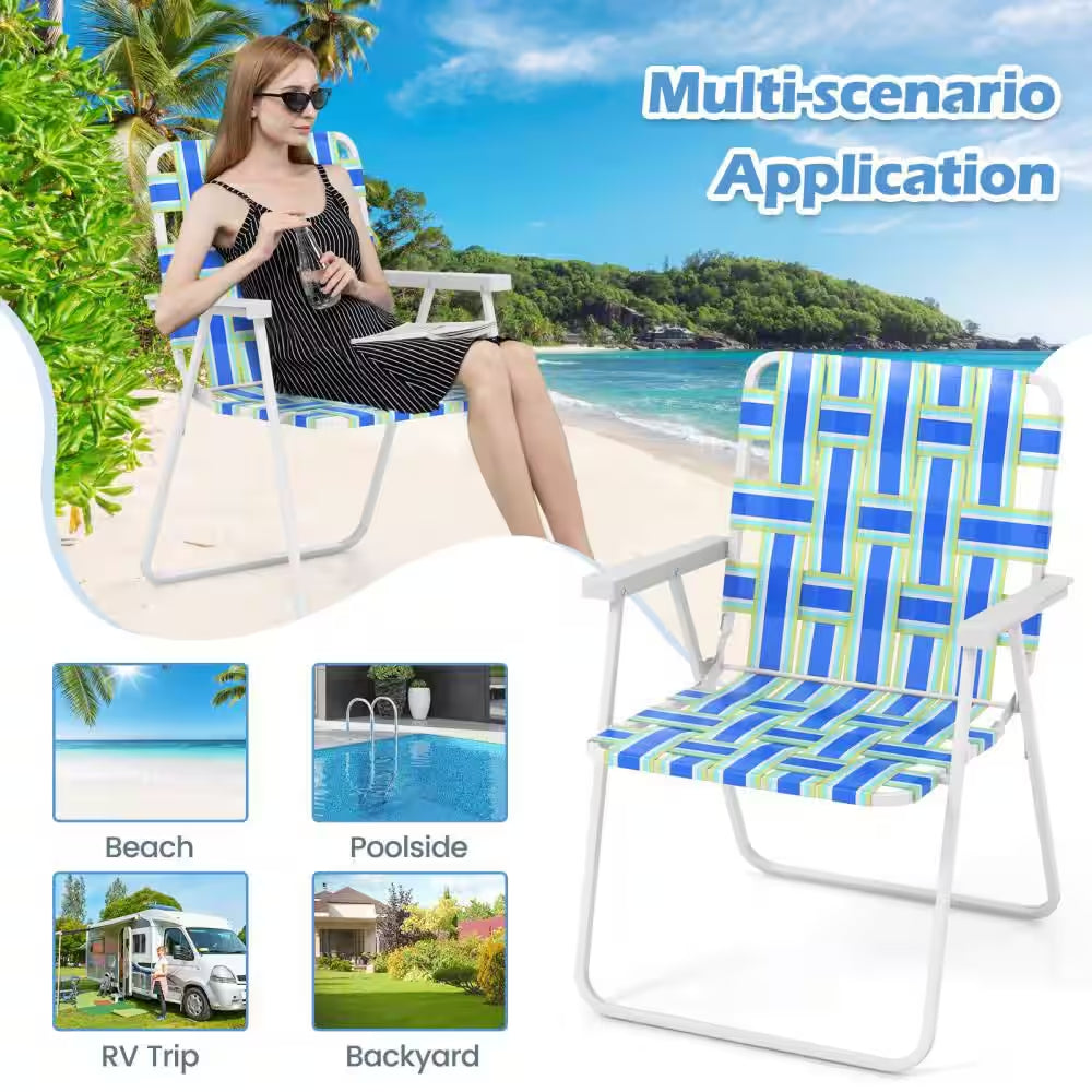 Blue Metal Webbed Lawn Chairs Outdoor Patio Folding Beach Chairs with Flightweight Portable Web Camping Chairs(Set of 2)