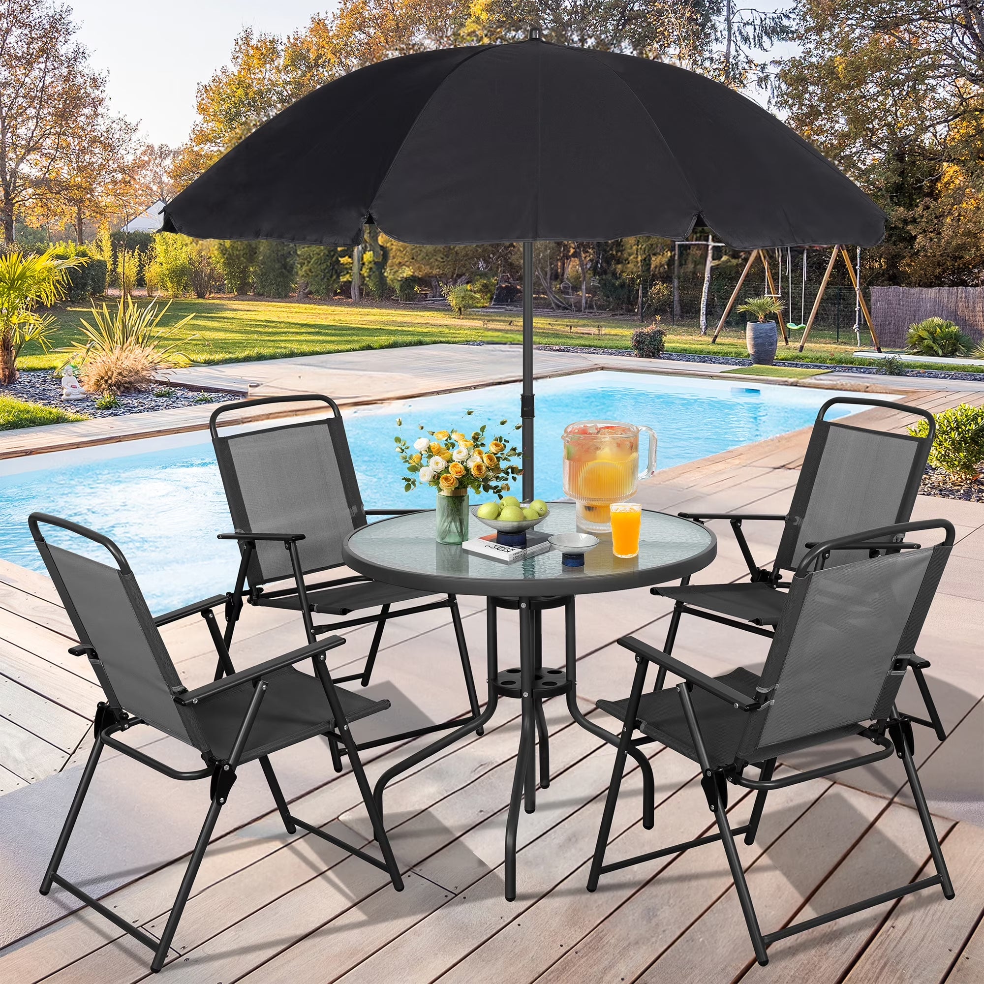 6 Piece Patio Furniture Set with Umbrella, Outdoor Patio Dining Set with 4 Folding Chairs and Tempered Glass Dining Table, Black