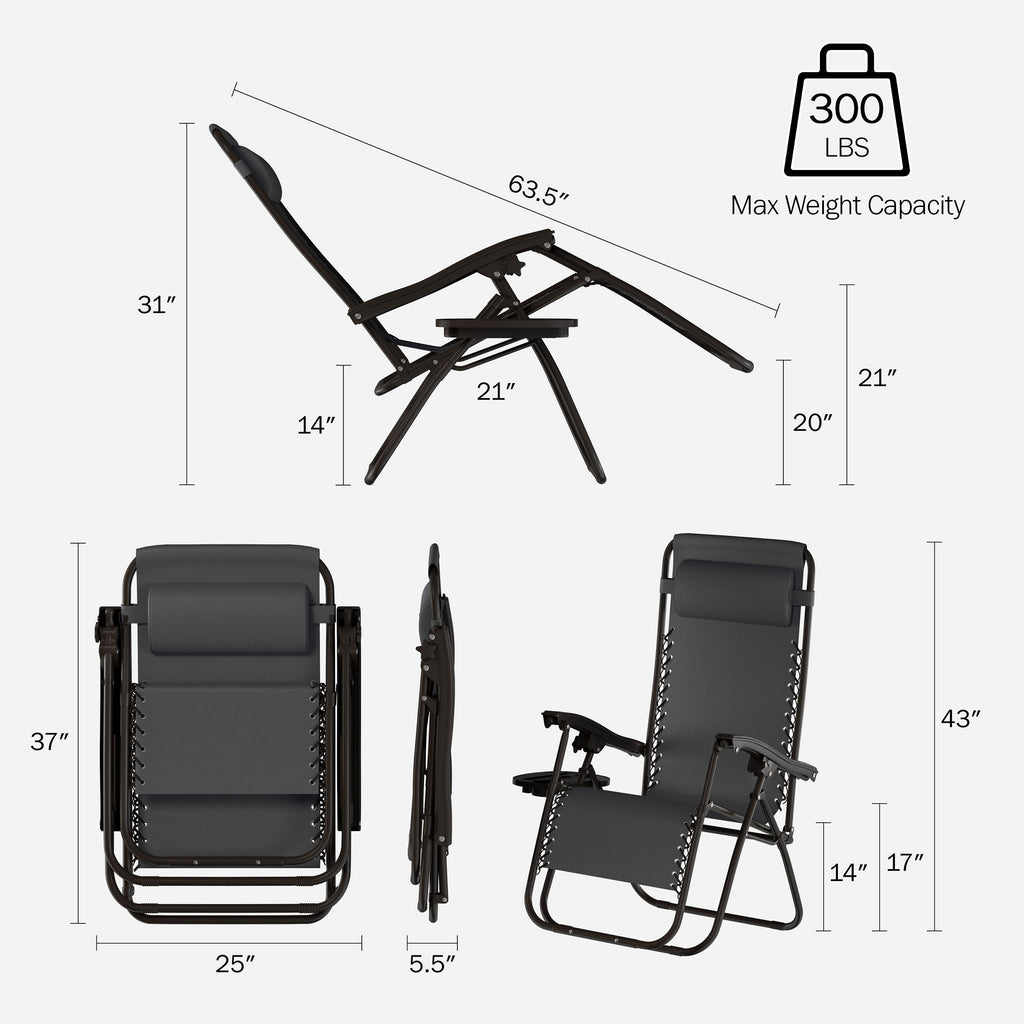 Zero Gravity Lounge Chairs, Set of 2 Folding Recliners with Side Table, Cup Holder & Pillow, Black