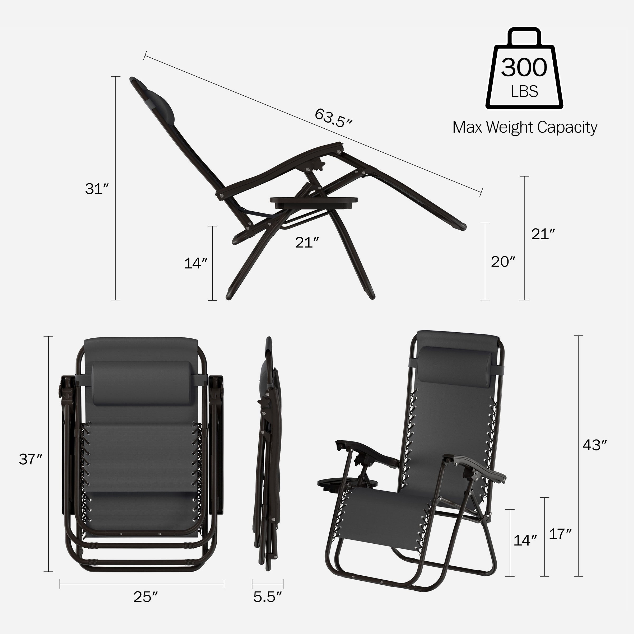 Zero Gravity Lounge Chairs, Set of 2 Folding Recliners with Side Table, Cup Holder & Pillow, Black