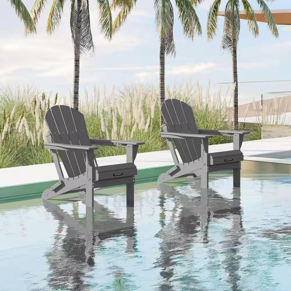 Gray Folding Adirondack Chairs Set of 1, Patio Chairs with Cup Holder, Lawn Chairs, Weather Resistant, Recyclable