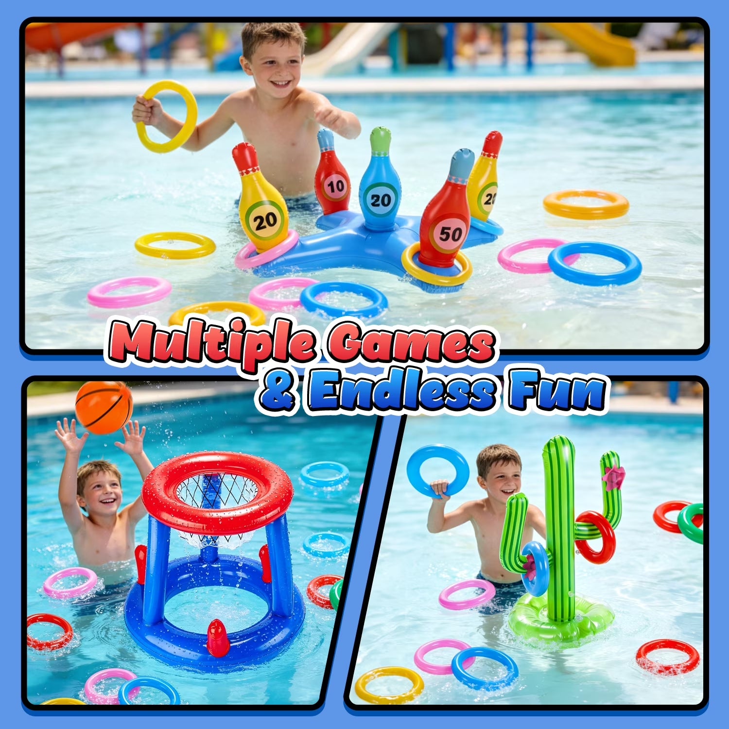 Pool Toys Games Set, Floating Basketball Hoop Inflatable Cross Ring Toss Game Toys for Kids Adults, Summer Party Swimming Pool Water Games