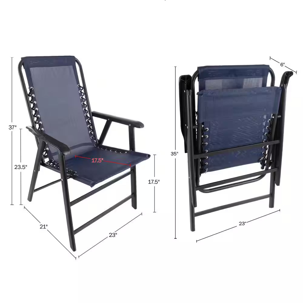 Navy Textilene Fabric and Powder-Coated Steel Folding Lawn Chairs with Bungee Suspension (Set of 2)