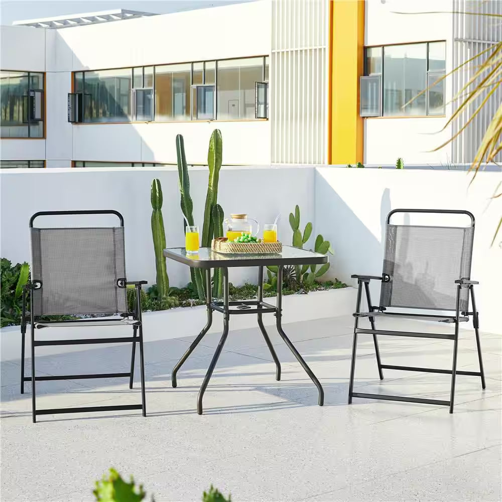 Set of 2 Outdoor Texteline Foldable Dining Chairs, All-Weather Folding Lawn Chairs with Backrest/ Armrests, Gray