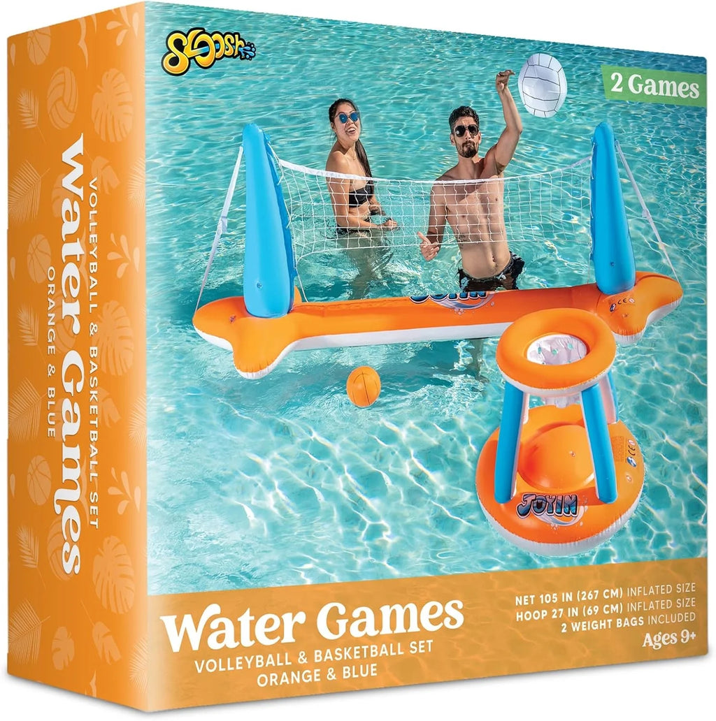 2-In-1 Inflatable Pool Toys Set with Pool Volleyball & Pool Basketball Hoop, Summer Pool Game for Kids and Pool Floats Adults, Volleyball Court (105”X28”X38”)|Basketball (27.6”X23”),L-Orange