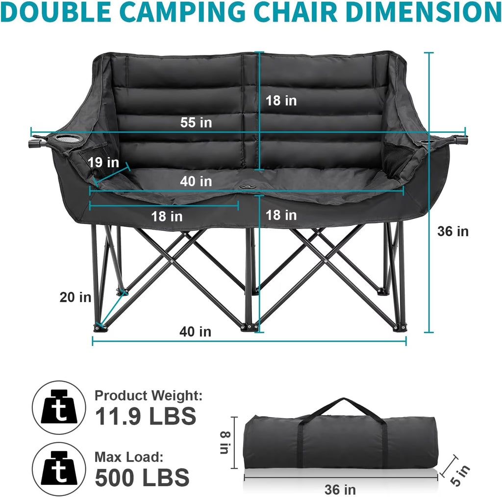 Double Camping Chair for 2 Person - Oversized Padded Folding Loveseat - Portable Camping Couch Heavy Duty Lawn Chairs for Outdoor Beach - Support 500LBS