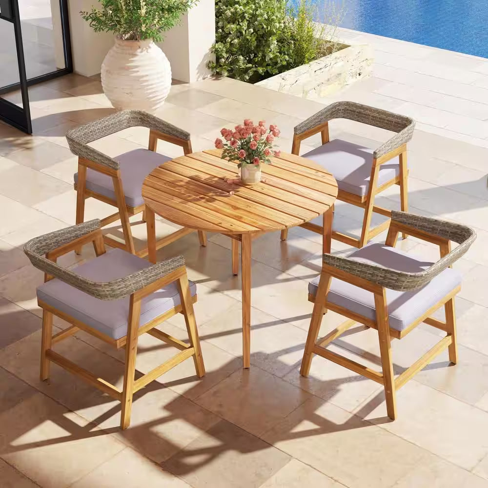 Acacia Wood Outdoor Dining Chair Patio Chairs with Gray Cushion for Garden (4-Pack)