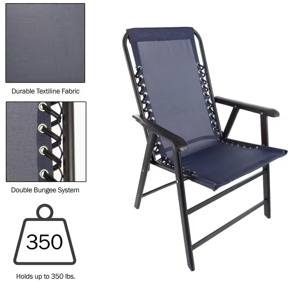 Navy Textilene Fabric and Powder-Coated Steel Folding Lawn Chairs with Bungee Suspension (Set of 2)
