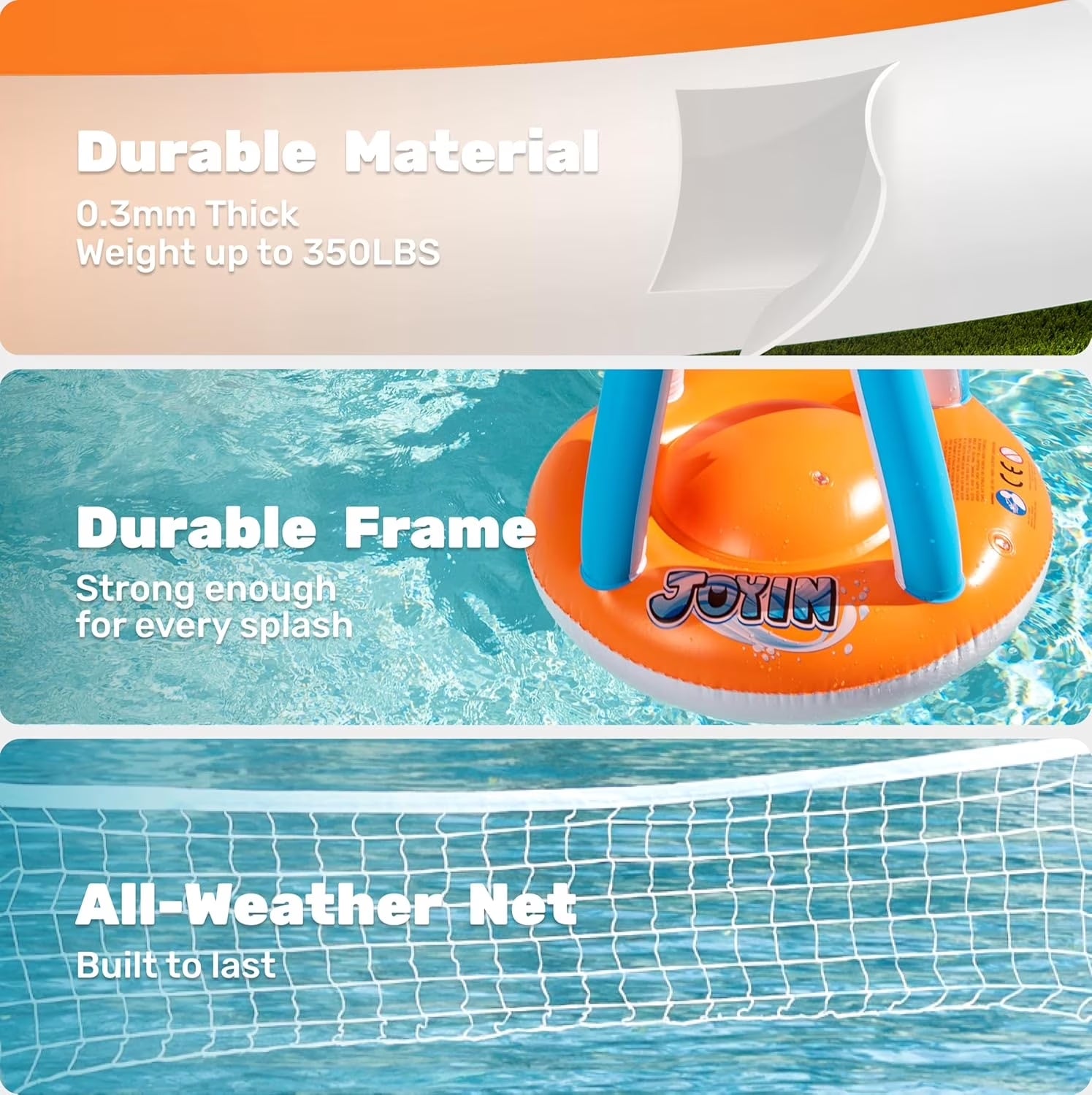 2-In-1 Inflatable Pool Toys Set with Pool Volleyball & Pool Basketball Hoop, Summer Pool Game for Kids and Pool Floats Adults, Volleyball Court (105”X28”X38”)|Basketball (27.6”X23”),L-Orange