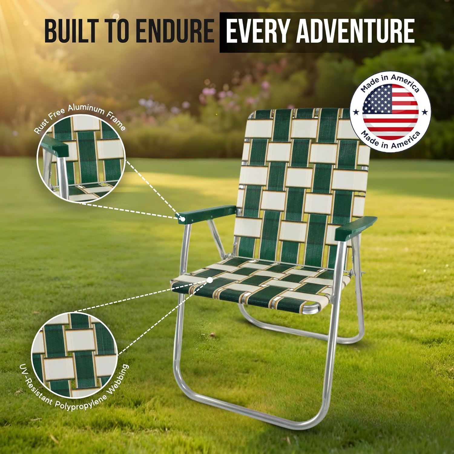 Folding Aluminum Outdoor Patio Lawn Chair | Heavy-Duty Webbed Chairs for Camping, Sports, Beach, Yard & Tailgating | Lightweight Portable | Classic - Blue Sands with Blue Arms
