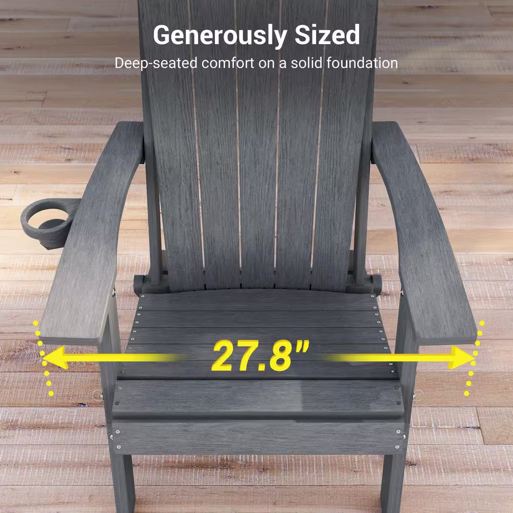 Charcoal Gray Plastic Foldable Adirondack Chair with Cup Holder, HDPE Lawn Chair, 350 Lbs., (Set of 2)