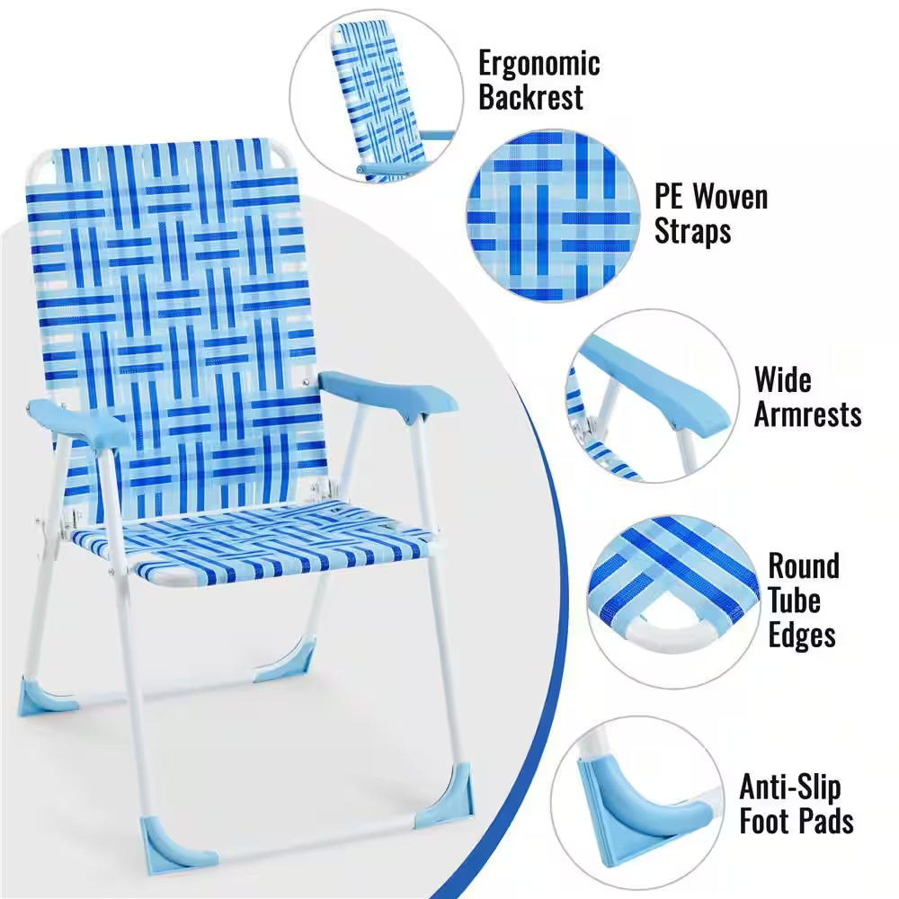 Set of 2 Patio Webbed Folding Chairs Nylon Fabric Portable Lawn Chairs Camping Chairs, Blue