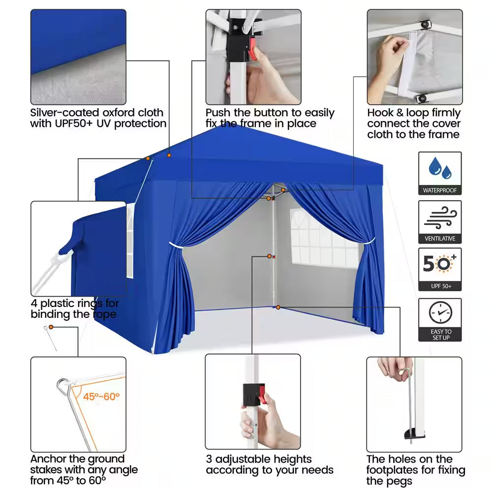 8 Ft. X 8 Ft. Blue Pop up Canopy Tent with 4 Sidewalls
