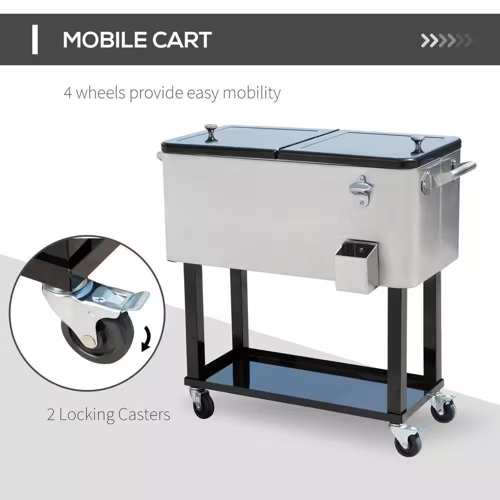 80 Qt. Patio Cooler, Rolling Cooling Bins Ice Chest, Drink Cooler Cart in Silver
