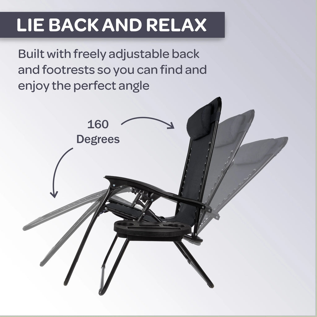 Zero Gravity Lounge Chairs, Set of 2 Folding Recliners with Side Table, Cup Holder & Pillow, Black