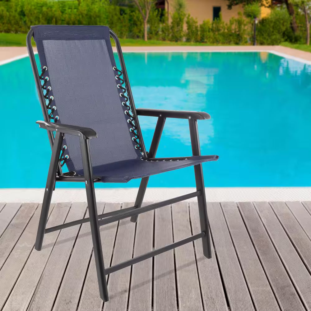 Navy Textilene Fabric and Powder-Coated Steel Folding Lawn Chairs with Bungee Suspension (Set of 2)