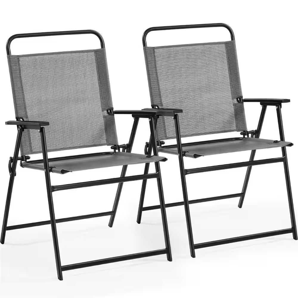 Set of 2 Outdoor Texteline Foldable Dining Chairs, All-Weather Folding Lawn Chairs with Backrest/ Armrests, Gray