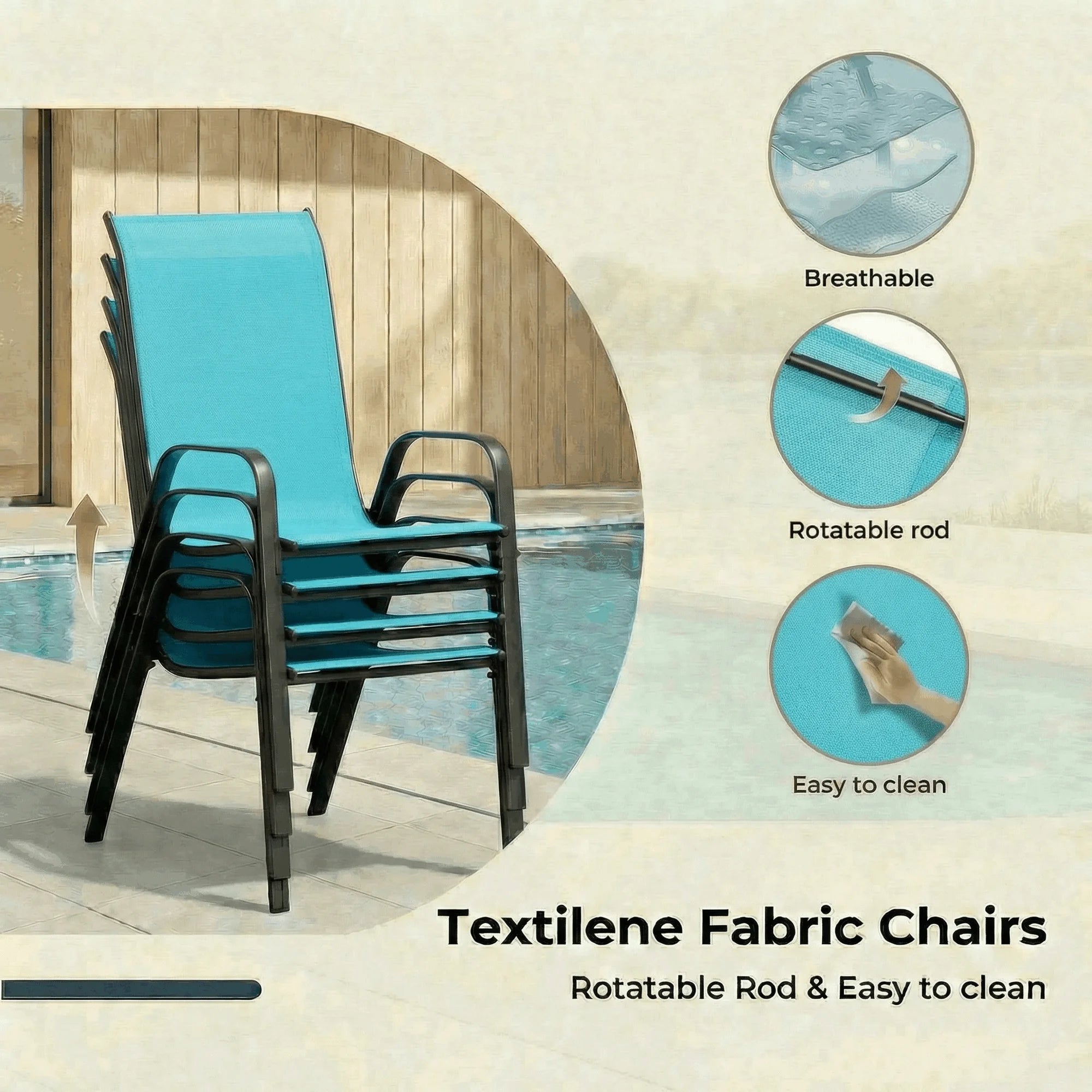 Patio Dining Set of 5, Outdoor Furniture Set with 4 Stackable Textilene Armchairs & Square Table, Light Blue
