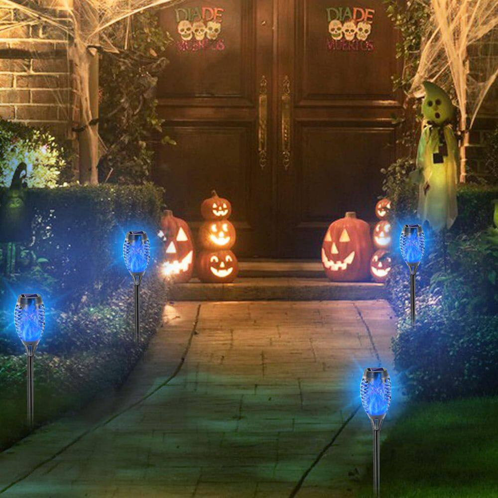 12 Pack Blue Solar Torch Lights with Flickering Flame 12 LED Waterproof Outdoor Garden Yard Decoration