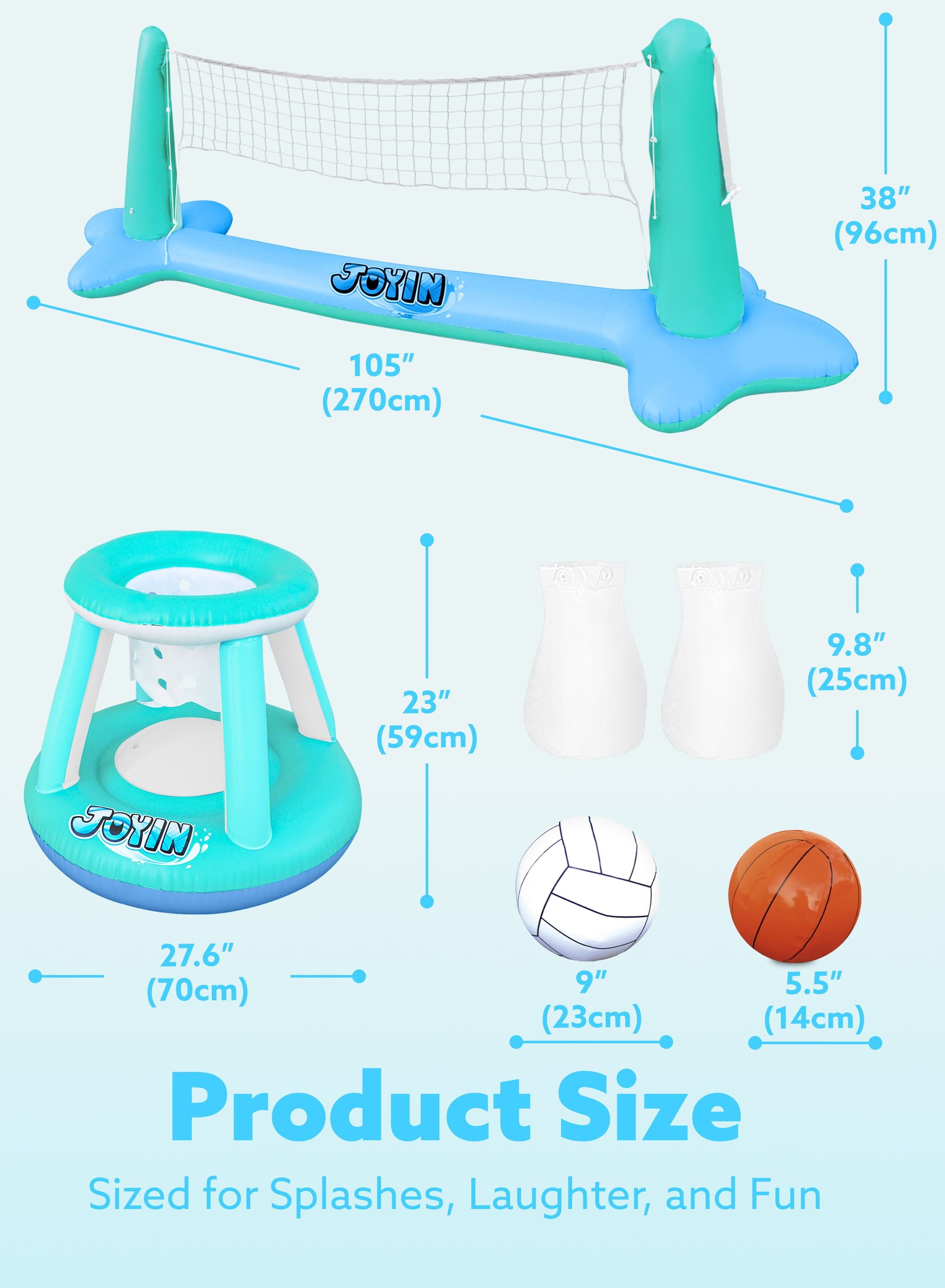 Inflatable Pool Float Set Pool Volleyball Net & Basketball Hoops, Summer Pool Toys for Kids and Pool Game Adults, Volleyball Court (105”X28”X35”)|Basketball (27”X23”X27”),L-Blue