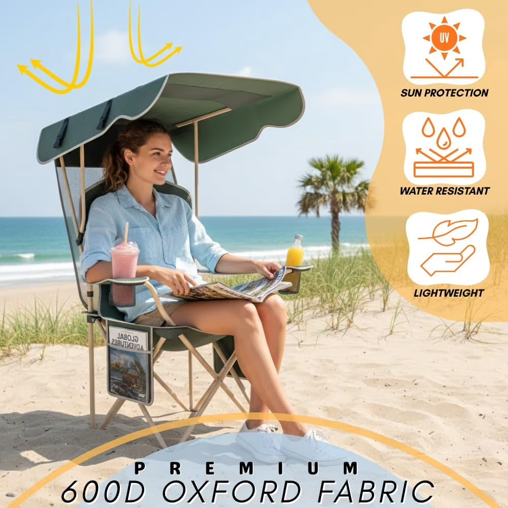 2-Pack Portable Folding Camping Chairs with Canopy Shade, Beach Chair for Adults, Durable Weather Resistant 600D Oxford Cloth, Camping Chair with Canopy for Outdoors