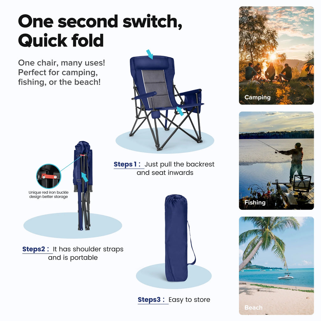 2-Pack Oversized Camping Chair Heavy Duty High Back Camping Chairs 500Lbs Capacity Folding Lawn Chairs with Cup Holder, Portable for Outdoor, Beach and Picnic, Blue