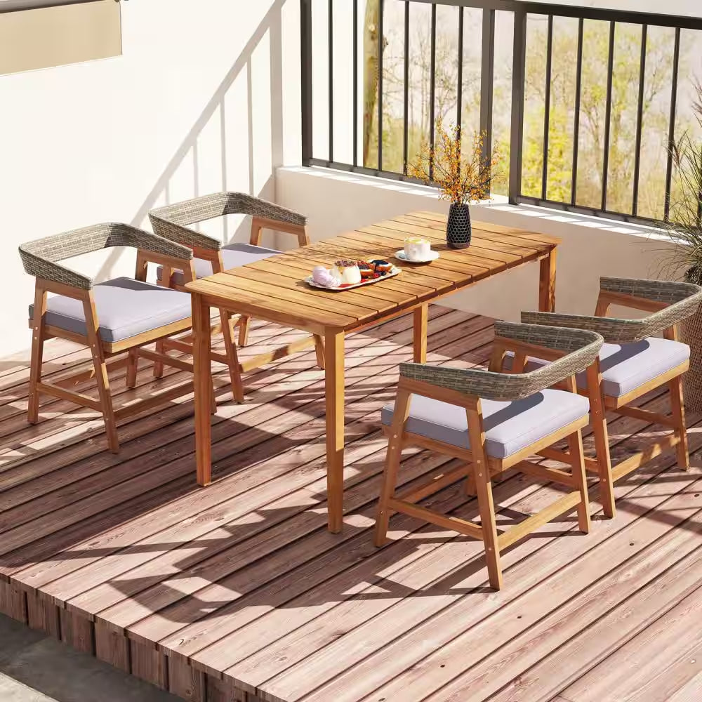Acacia Wood Outdoor Dining Chair Patio Chairs with Gray Cushion for Garden (4-Pack)