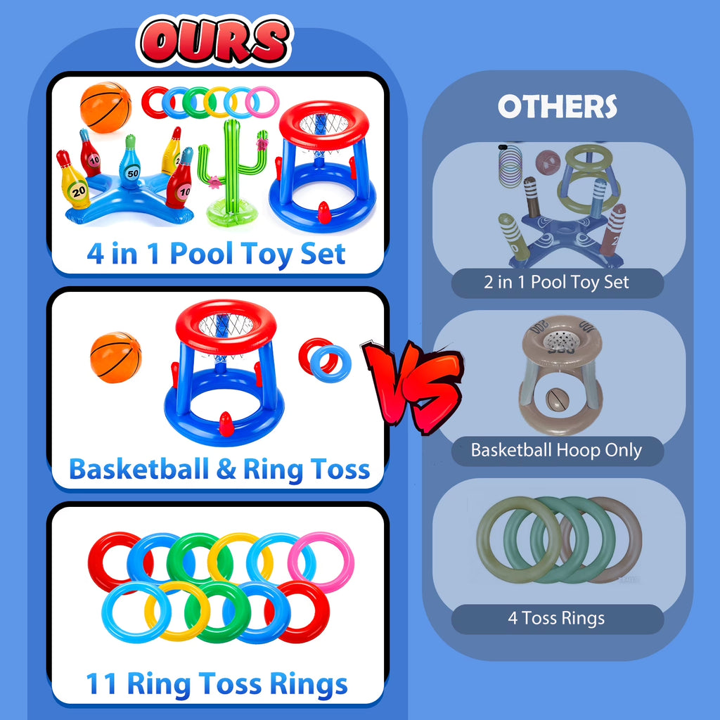 Pool Toys Games Set, Floating Basketball Hoop Inflatable Cross Ring Toss Game Toys for Kids Adults, Summer Party Swimming Pool Water Games