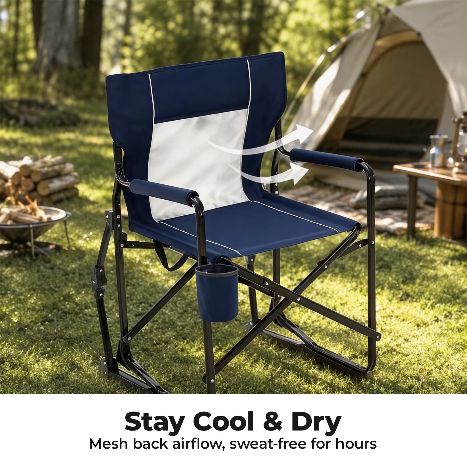 Outdoor Folding Rocking Camping Chair, Portable Mesh Lawn Chairs with Comfortable Mesh Backrest, Waterproof Armrests and Sturdy Frame