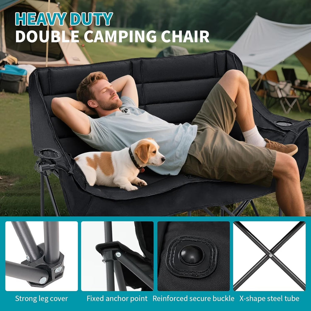 Double Camping Chair for 2 Person - Oversized Padded Folding Loveseat - Portable Camping Couch Heavy Duty Lawn Chairs for Outdoor Beach - Support 500LBS