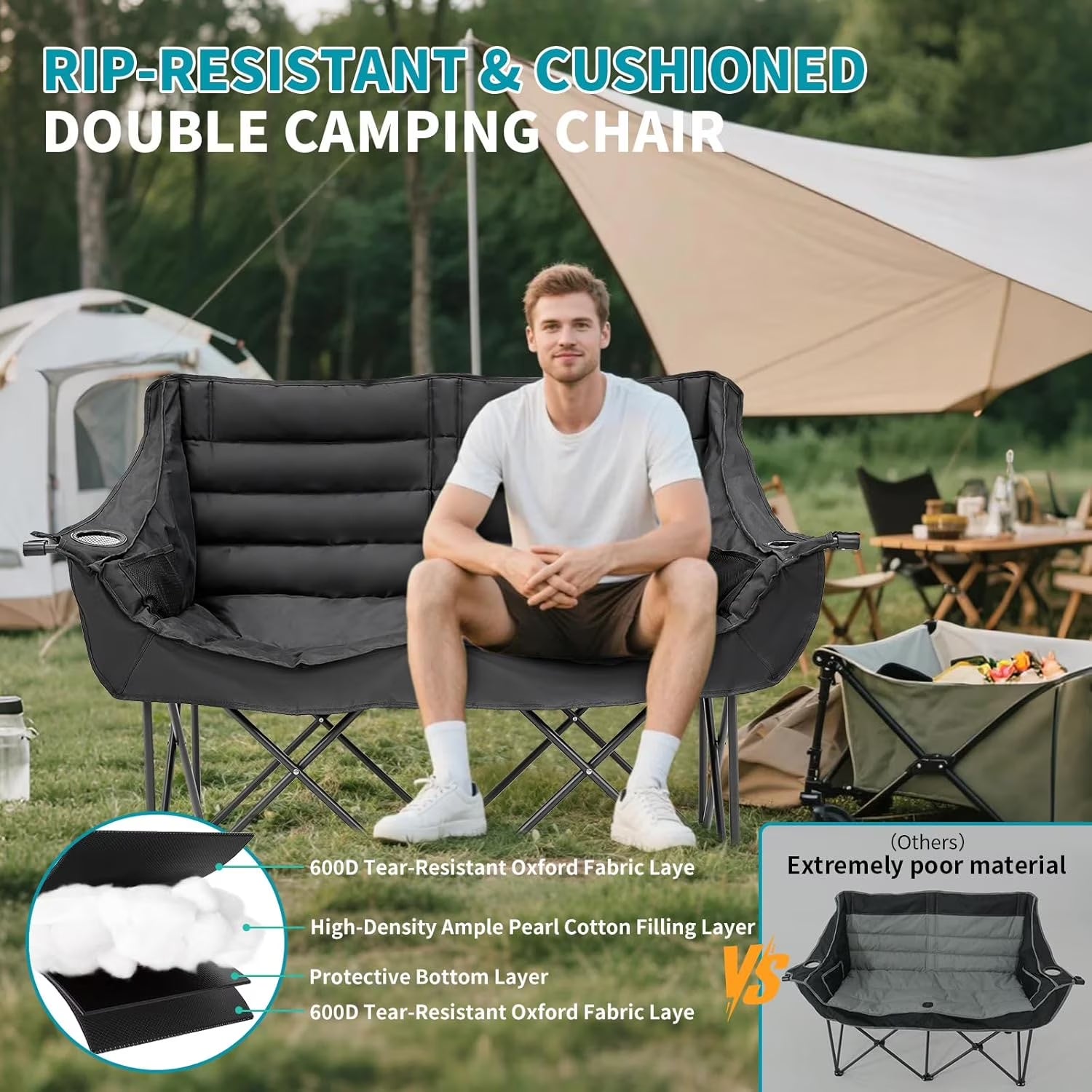 Double Camping Chair for 2 Person - Oversized Padded Folding Loveseat - Portable Camping Couch Heavy Duty Lawn Chairs for Outdoor Beach - Support 500LBS