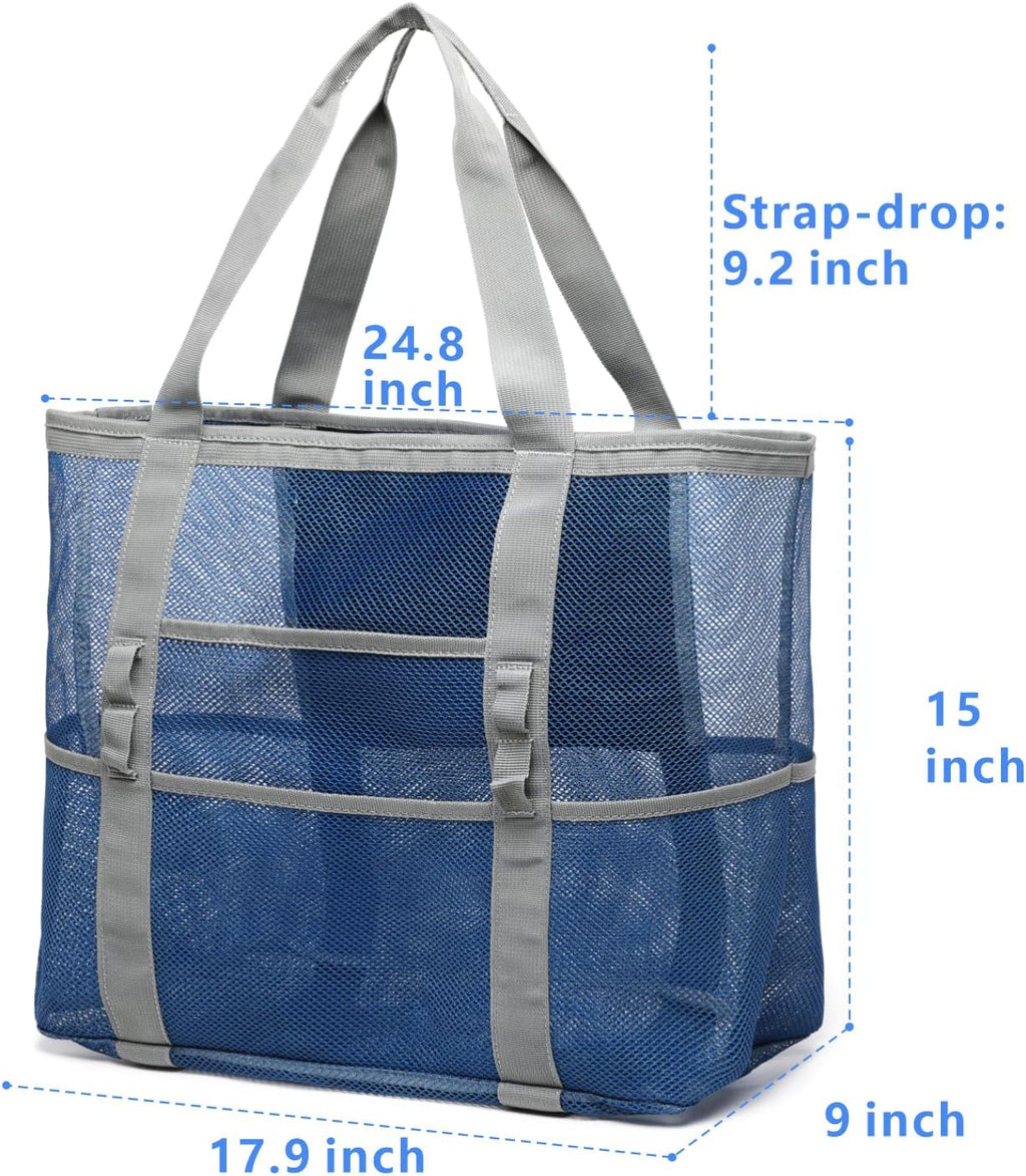 Mesh Beach Bag Family - Large Tote Bag 9 Pockets for Swim Pool Toys Cruise Beach Vacation Essentials