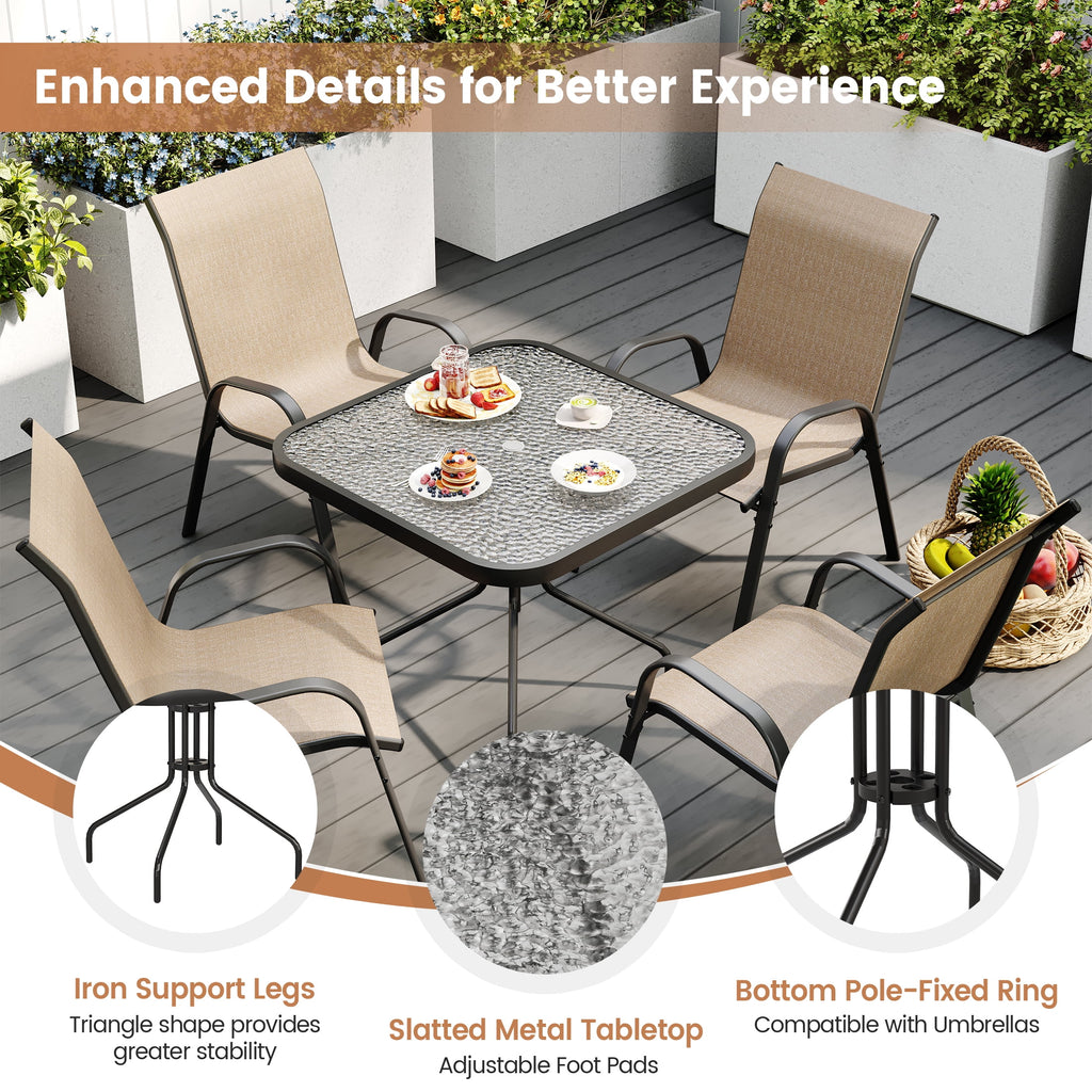 Outdoor Dining Set of 5, Patio Table and Chairs Set, Textured Glass Tabletop, 4 Stackable Patio Chairs, Patio Furniture, Balcony, Porch, Lawn- Brown