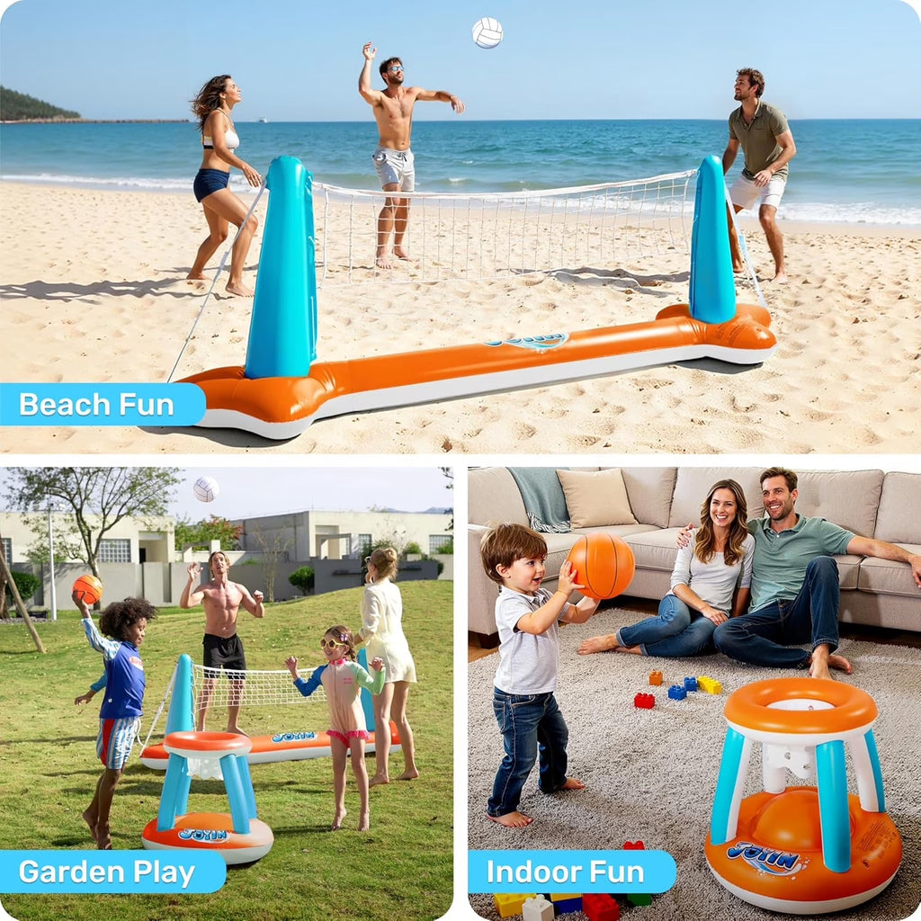 2-In-1 Inflatable Pool Toys Set with Pool Volleyball & Pool Basketball Hoop, Summer Pool Game for Kids and Pool Floats Adults, Volleyball Court (105”X28”X38”)|Basketball (27.6”X23”),L-Orange