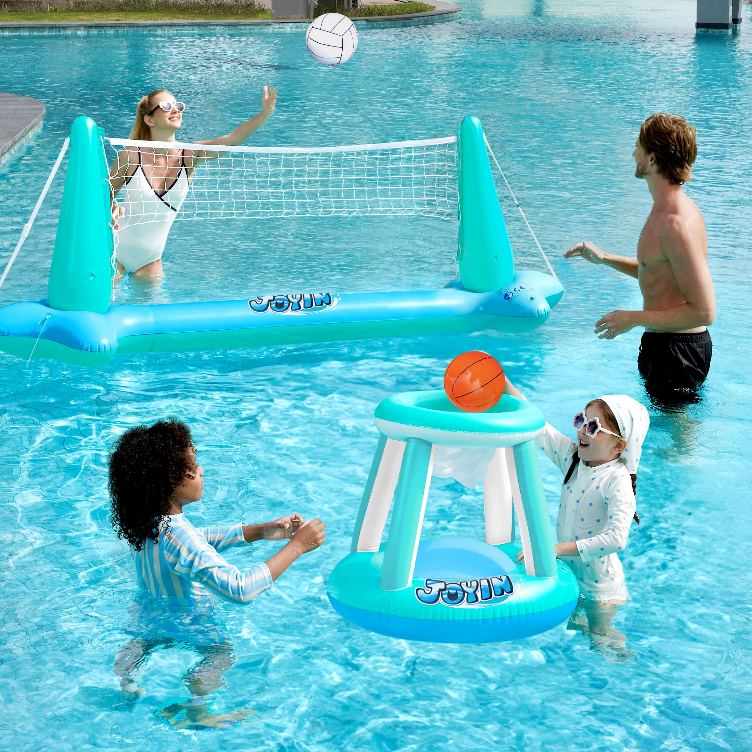 Inflatable Pool Float Set Pool Volleyball Net & Basketball Hoops, Summer Pool Toys for Kids and Pool Game Adults, Volleyball Court (105”X28”X35”)|Basketball (27”X23”X27”),L-Blue