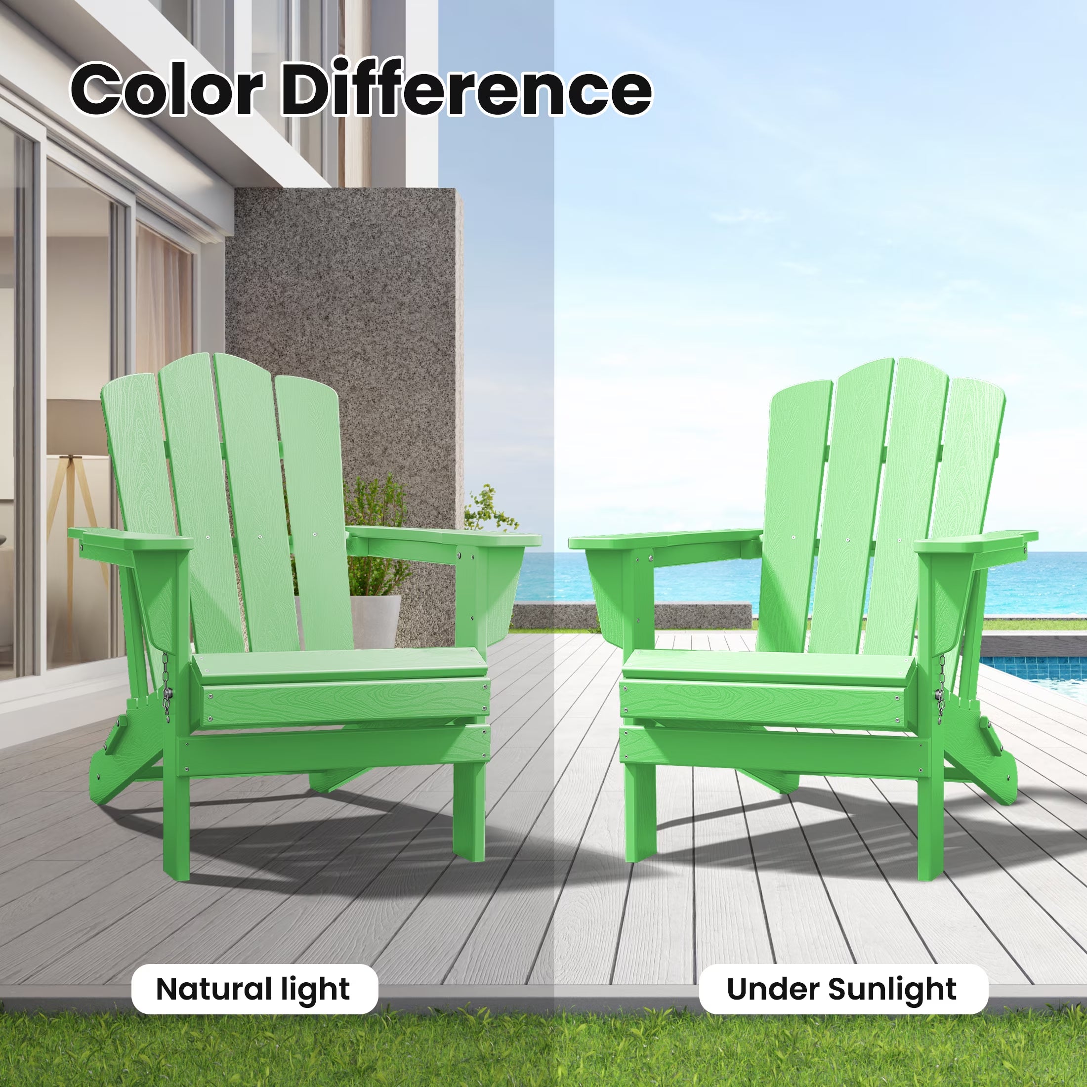 Adirondack Chair, 2PC Plastic Folding Outdoor Patio Chairs, outside HDPE Chairs for Lawn, Yard, Light Green