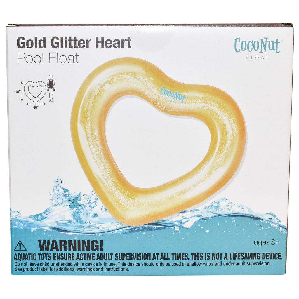 : Gold Glitter Heart Pool Float - 48"X40", Inflatable 48" Jumbo Ring, Anti-Leak, Durable, Water Accessory