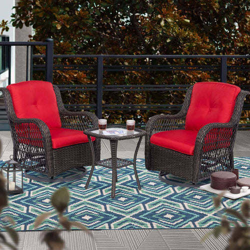 3-Piece Wicker Outdoor Patio Conversation Seating Set with Red Cushions and Coffee Table for Patio, Garden, Backyard