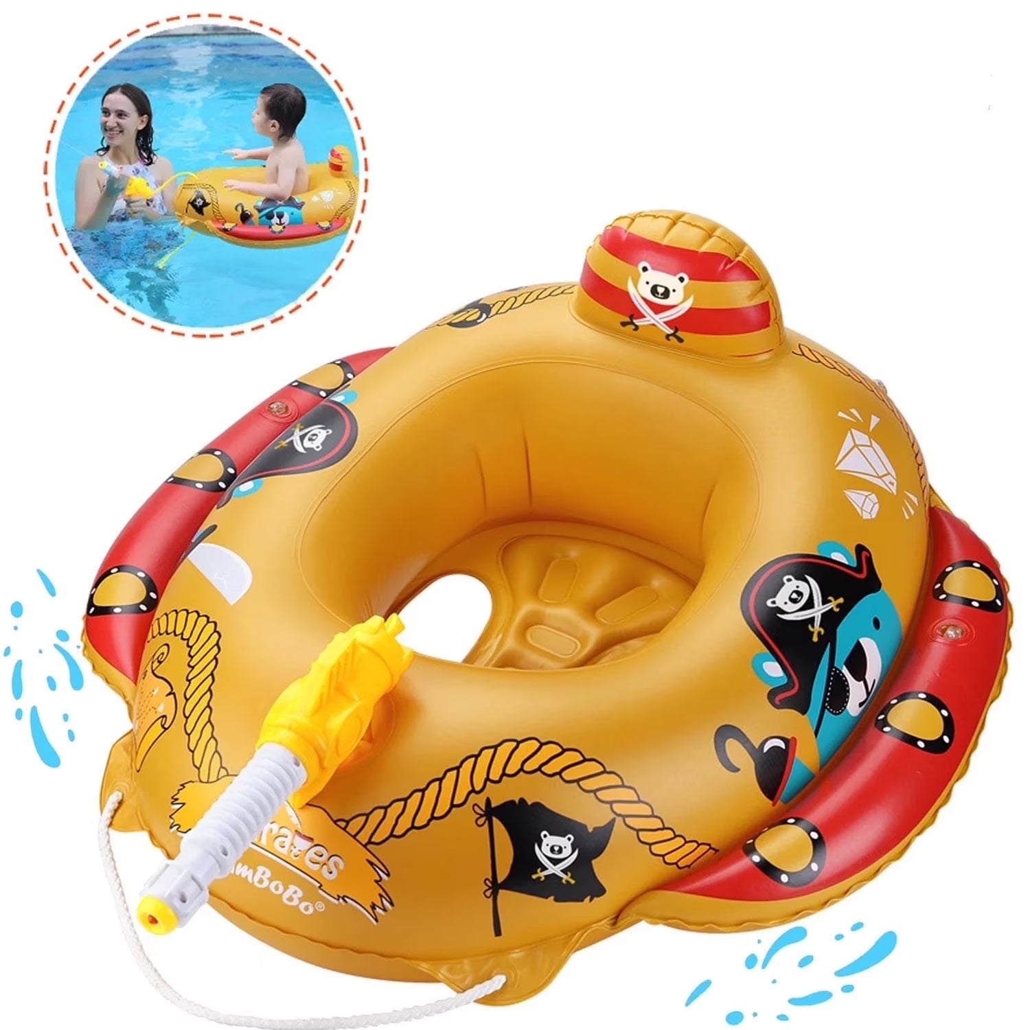 Summer Inflatable Pirate Boat Pool Float for Kids with Built-In Squirt Blaster, Toddler Pool Float Kids Inflatable Swim Seat Boat Ship Pool Toys for Toddlers and Children