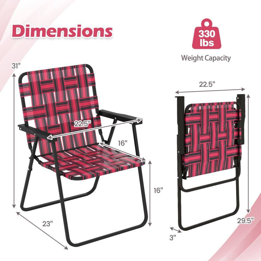 Red Metal Folding Webbed Lawn Chairs, Outdoor Patio Folding Beach Chairs with Heavy Duty Frame (Set-4)