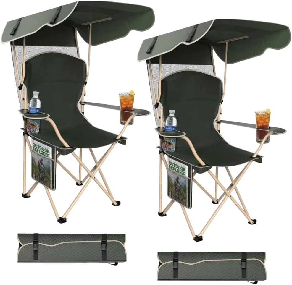 2-Pack Portable Folding Camping Chairs with Canopy Shade, Beach Chair for Adults, Durable Weather Resistant 600D Oxford Cloth, Camping Chair with Canopy for Outdoors