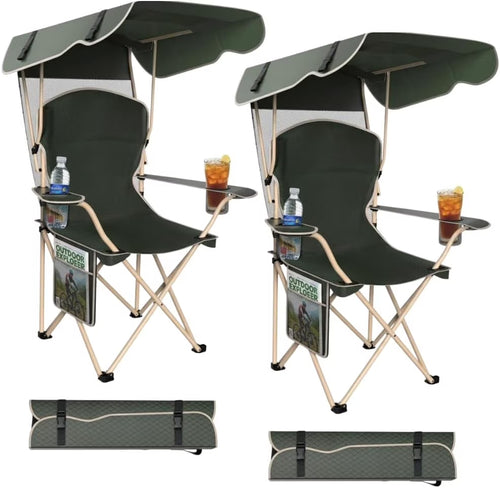 2-Pack Portable Folding Camping Chairs with Canopy Shade, Beach Chair for Adults, Durable Weather Resistant 600D Oxford Cloth, Camping Chair with Canopy for Outdoors