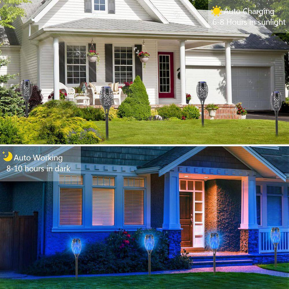 12 Pack Blue Solar Torch Lights with Flickering Flame 12 LED Waterproof Outdoor Garden Yard Decoration