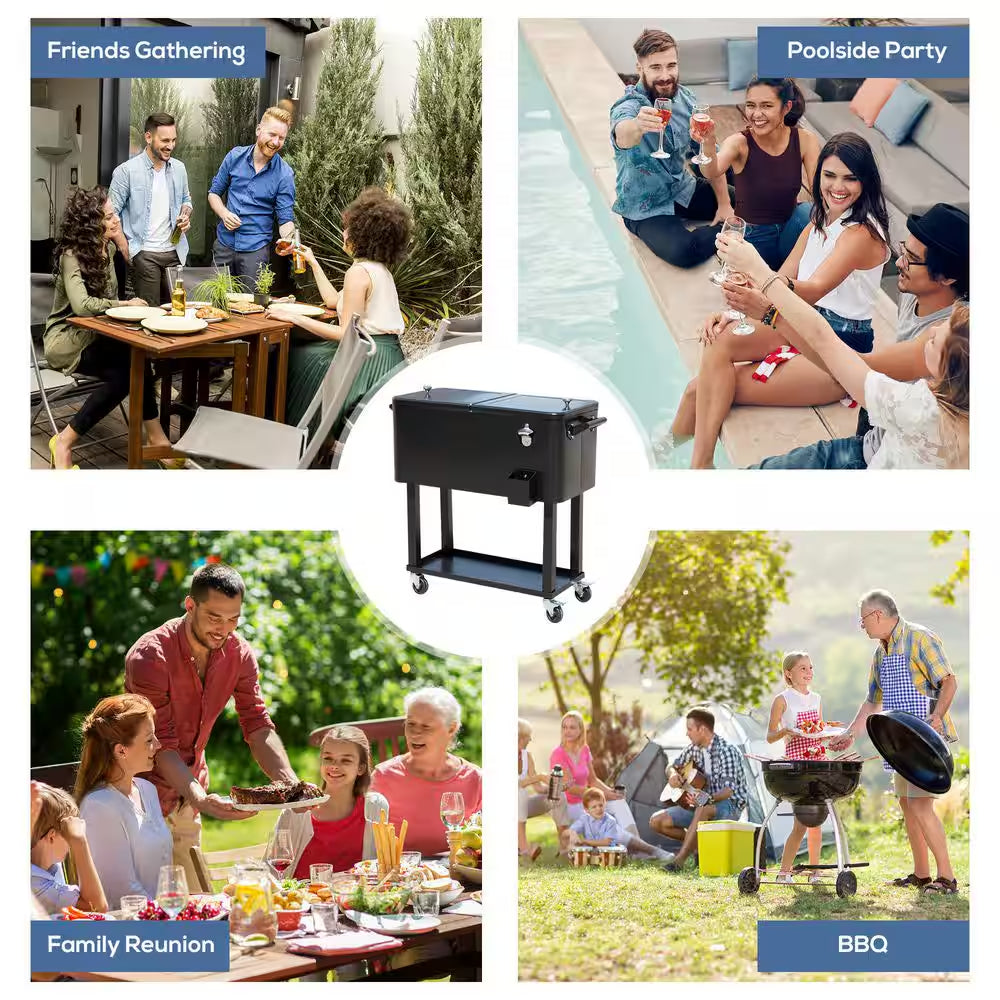 80 Qt. Rolling Cooler Ice Chest on Wheels Outdoor Party Drink Cooler Cart Black