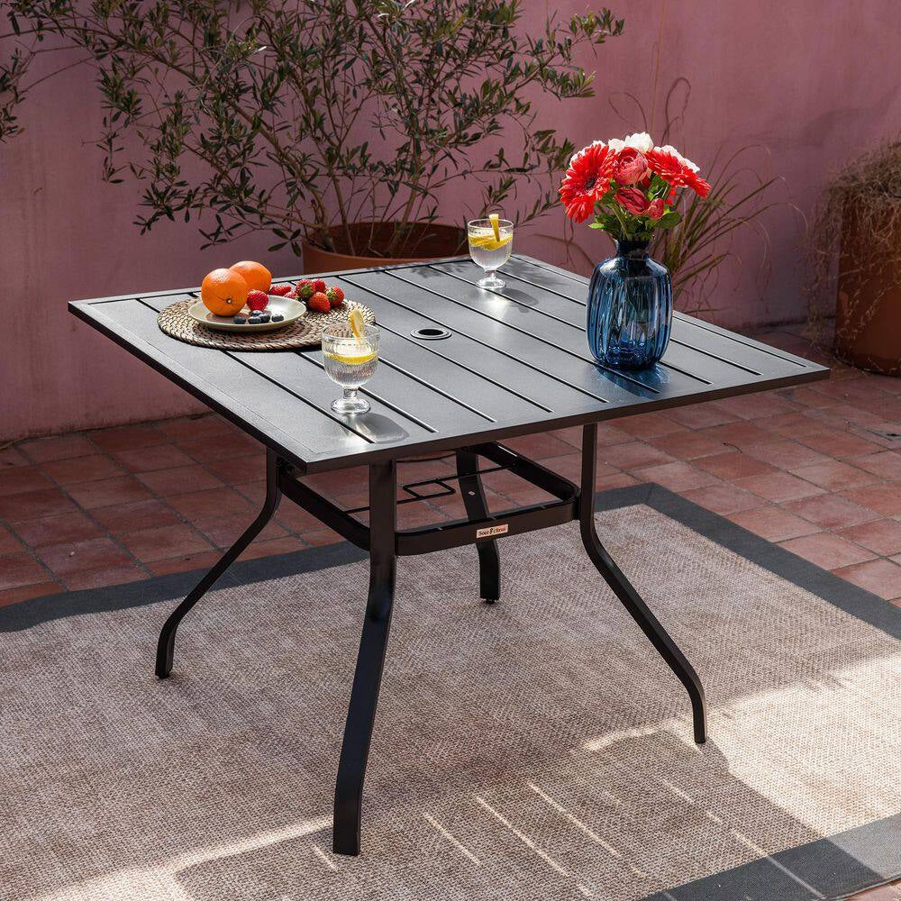 Metal Patio Table and Chairs Set for 4 with Square Patio Table and Stackable Patio Chairs for Lawn, Brown and Black