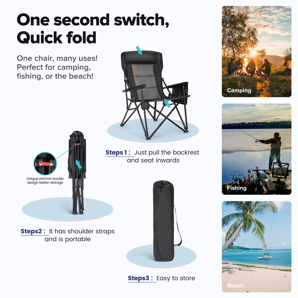 Oversized Camping Chair Heavy Duty High Back Camping Chairs 500Lbs Capacity Folding Lawn Chairs with Cup Holder, Portable for Outdoor, Beach and Picnic, Black