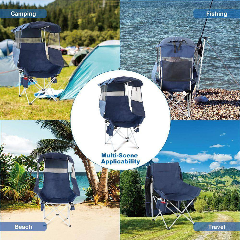 Blue Steel Folding Camping Chairs Lawn Beach Chairs with Canopy