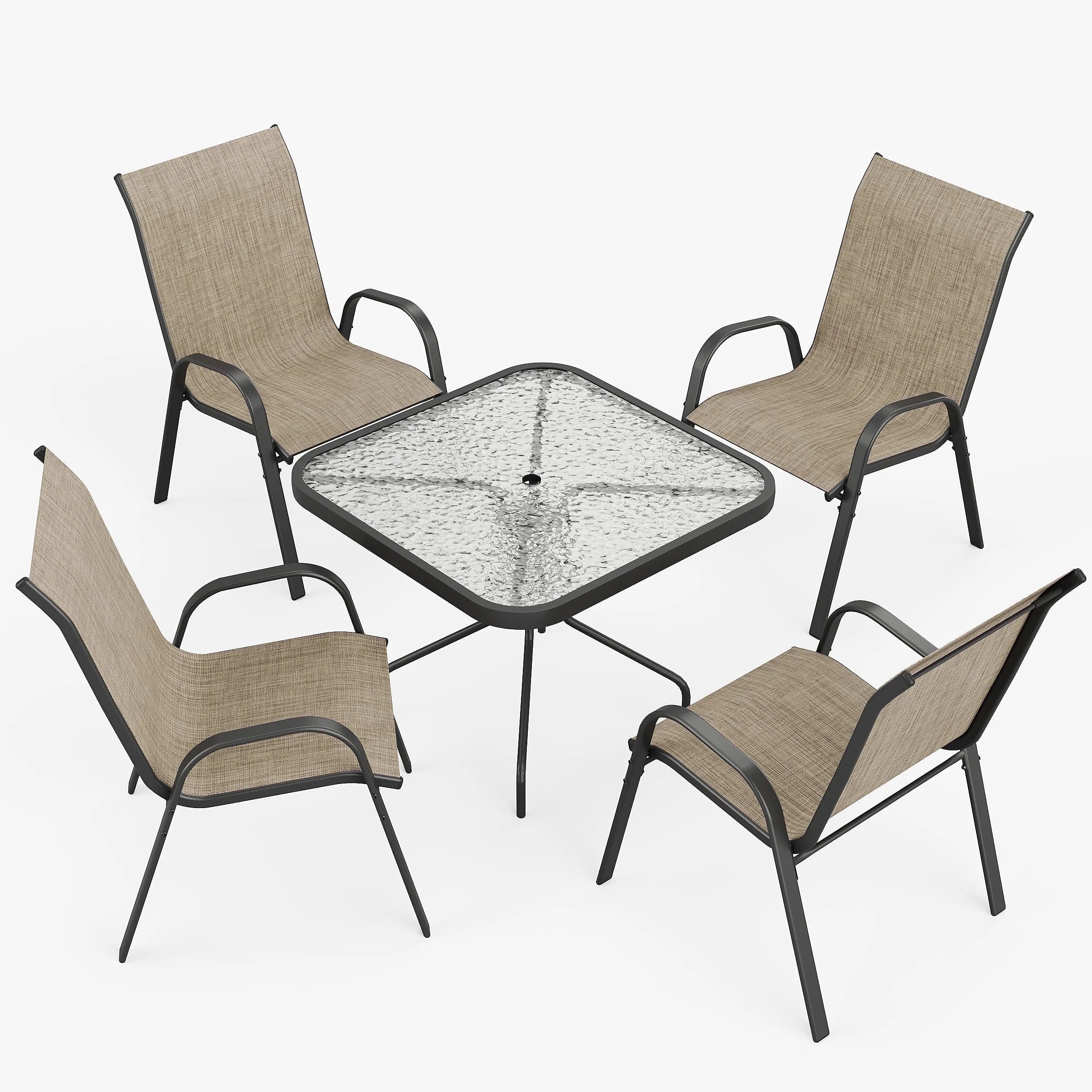 Outdoor Dining Set of 5, Patio Table and Chairs Set, Textured Glass Tabletop, 4 Stackable Patio Chairs, Patio Furniture, Balcony, Porch, Lawn- Brown
