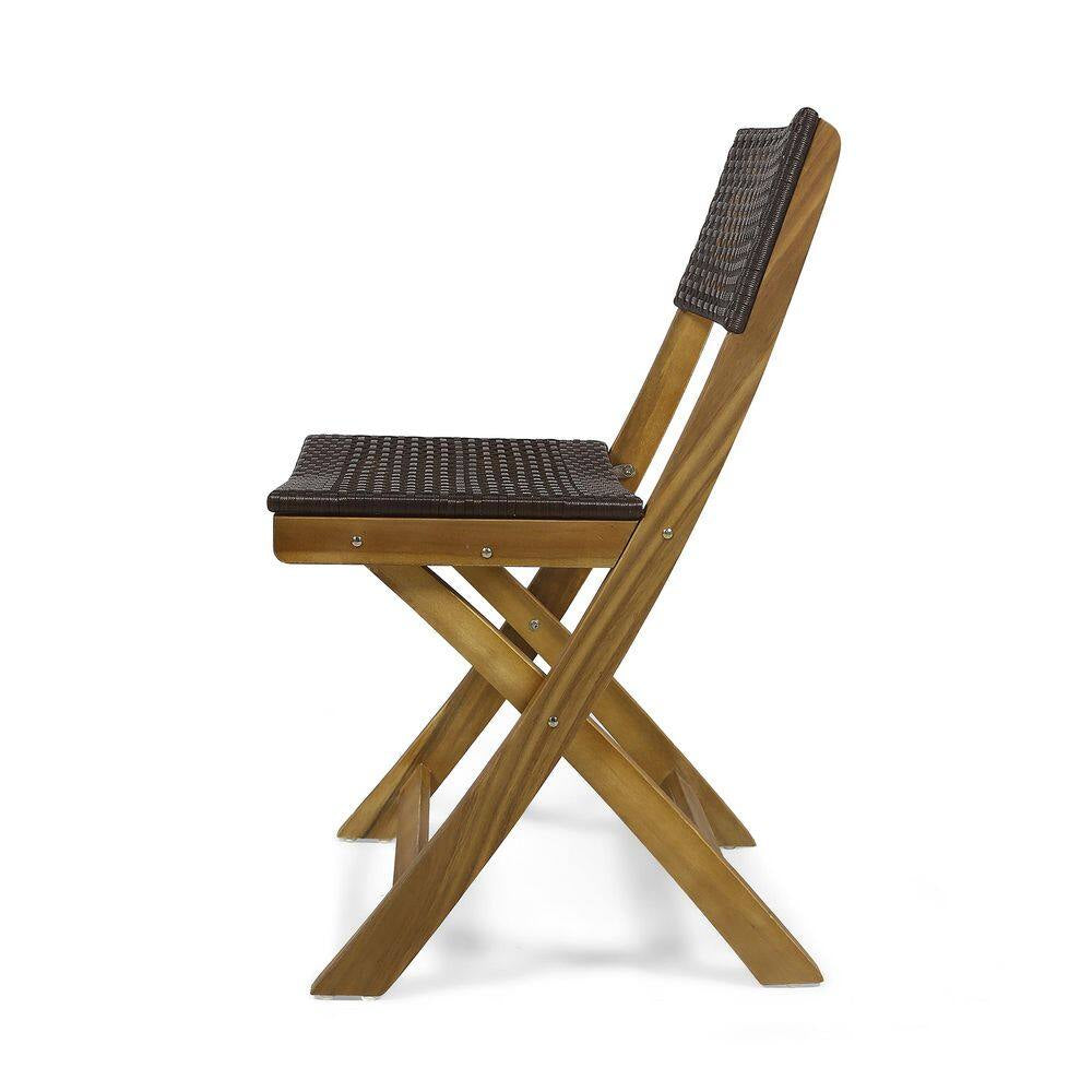 Teak Acacia Wood Folding Lawn Chair, Bistro Chair with Brown Wicker Seat (Set of 2)